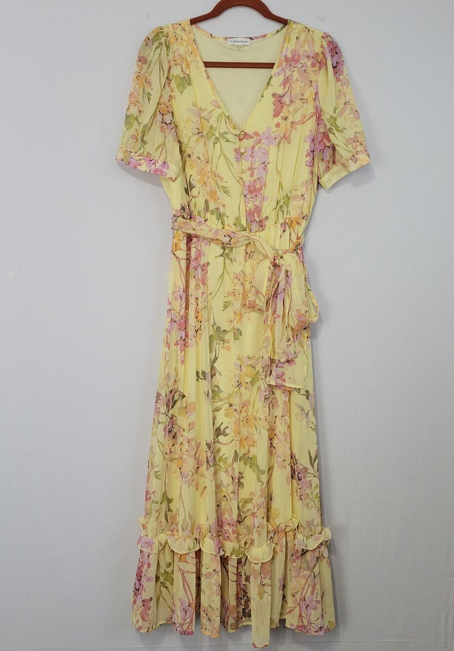 Calvin Klein Garden Floral Maxi Dress size 12 Butter Yellow Ruffle Wedding Guest